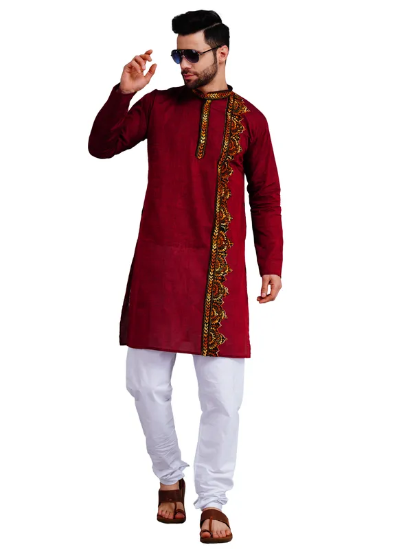 Maroon_And_White_Cotton_Straight_Fit_Embroidered_Kurta_Pajama_Set_For_Men