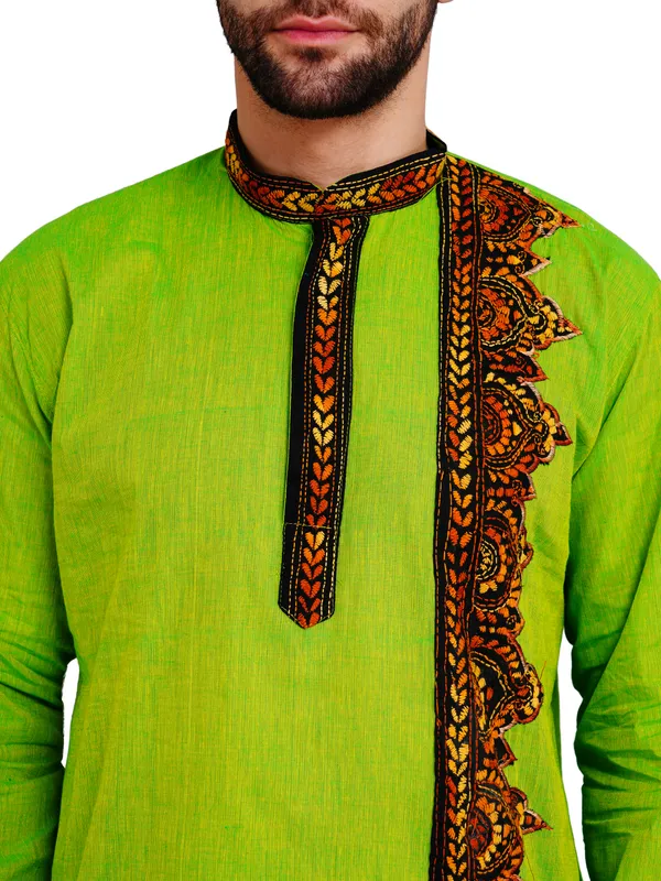 Green_And_White_Cotton_Straight_Fit_Embroidered_Kurta_Pajama_Set_For_Men
