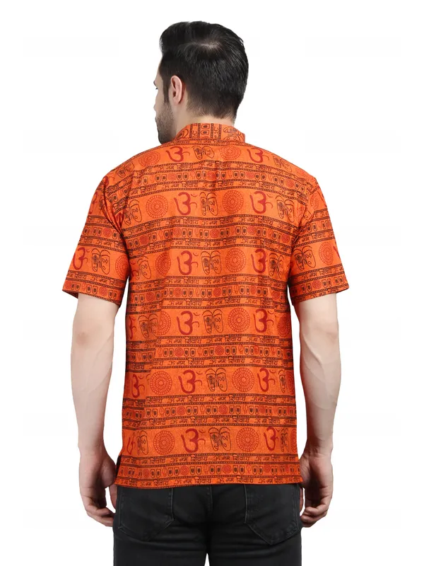 Orange_Cotton_Relaxed_Fit_Om_Print_Short_Sleeve_Kurta_For_Men