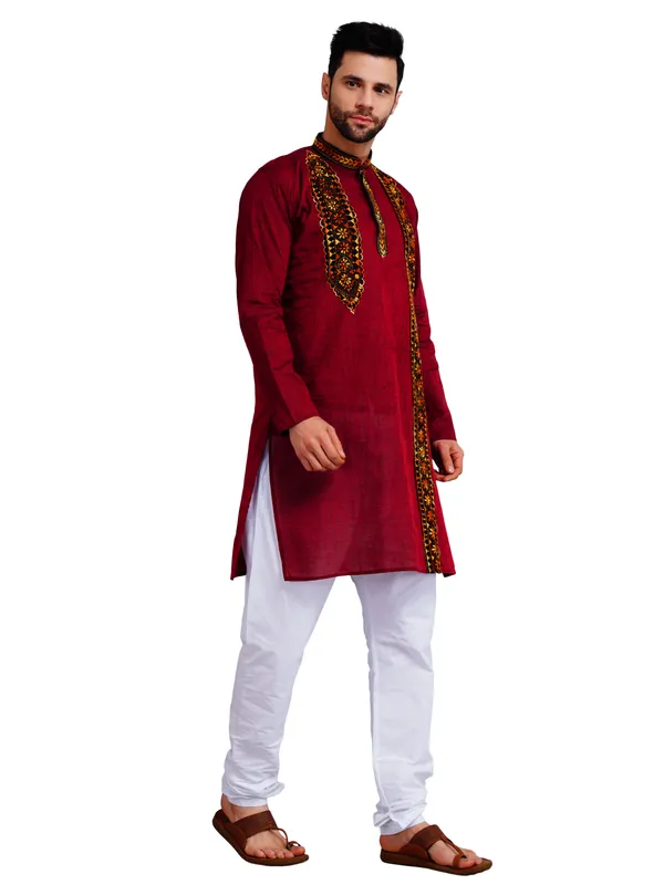 Maroon_And_White_Cotton_Straight_Fit_Embroidered_Kurta_Pajama_Set_For_Men