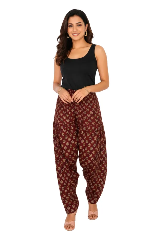 Red_Cotton_Relaxed_Fit_Peacock_Print_Harem_Pants_For_Women