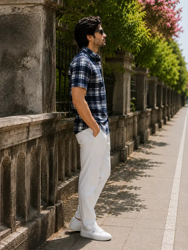 Navy_Blue_Checked_Short_Sleeve_Cotton_Shirt_For_Men