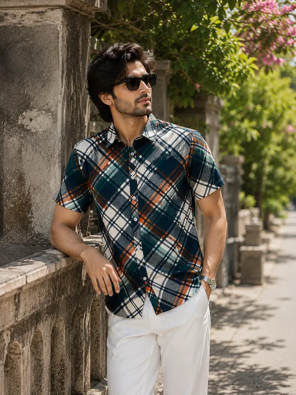 Navy_Blue_Checkered_Short_Sleeve_Casual_Shirt_For_Men