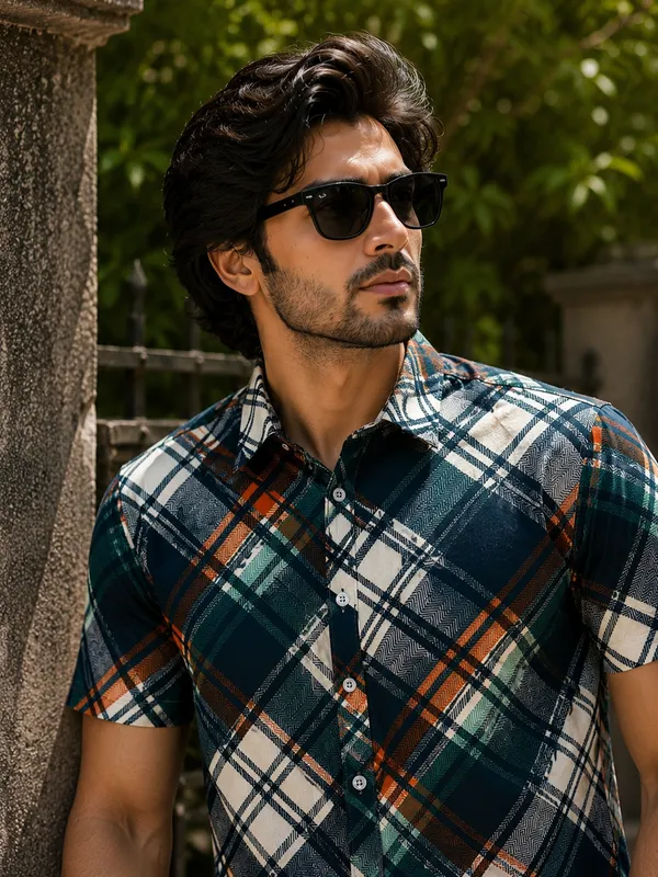 Navy_Blue_Checkered_Short_Sleeve_Casual_Shirt_For_Men