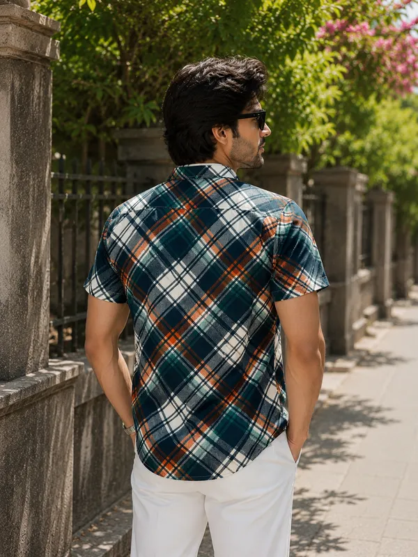 Navy_Blue_Checkered_Short_Sleeve_Casual_Shirt_For_Men