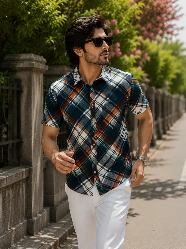 Navy_Blue_Checkered_Short_Sleeve_Casual_Shirt_For_Men