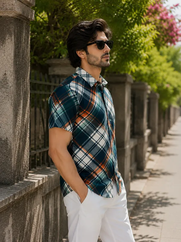 Navy_Blue_Checkered_Short_Sleeve_Casual_Shirt_For_Men
