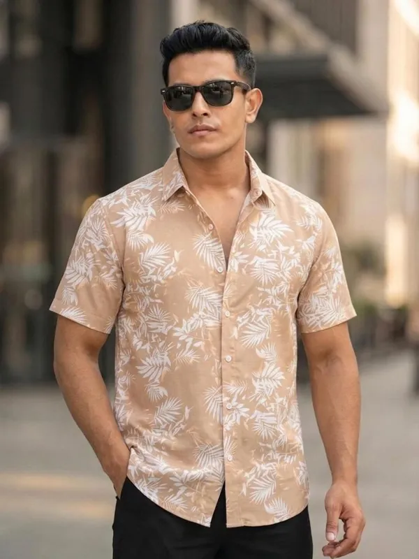 Men_Floral_Print_Beach_Wear_Brown_Shirt