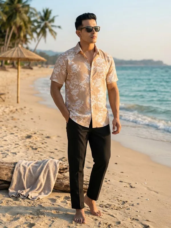 Men_Floral_Print_Beach_Wear_Brown_Shirt