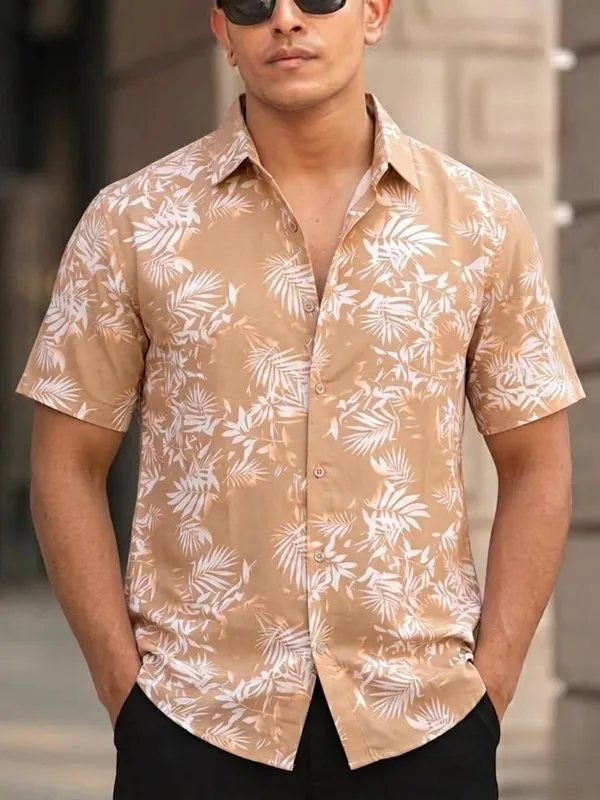 Men_Floral_Print_Beach_Wear_Brown_Shirt