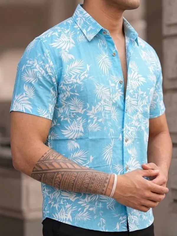 Men_Floral_Print_Beach_Wear_Blue_Shirt