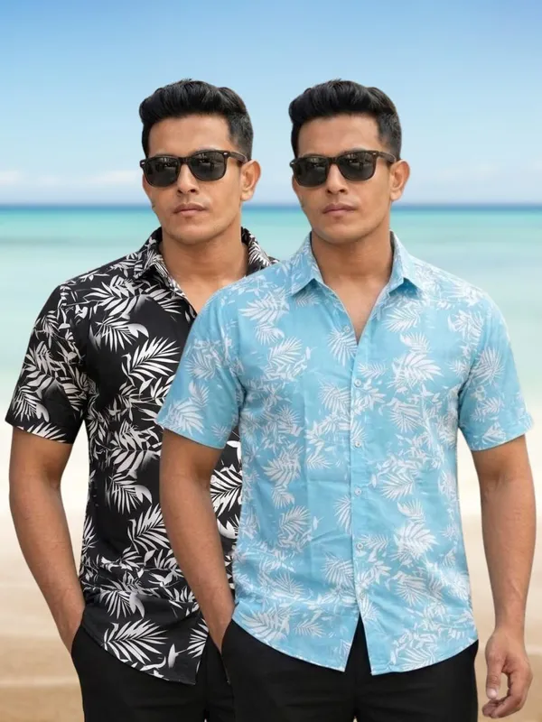 Men_Floral_Print_Beach_Wear_Black,_Blue_Shirt_(Pack_Of_2)