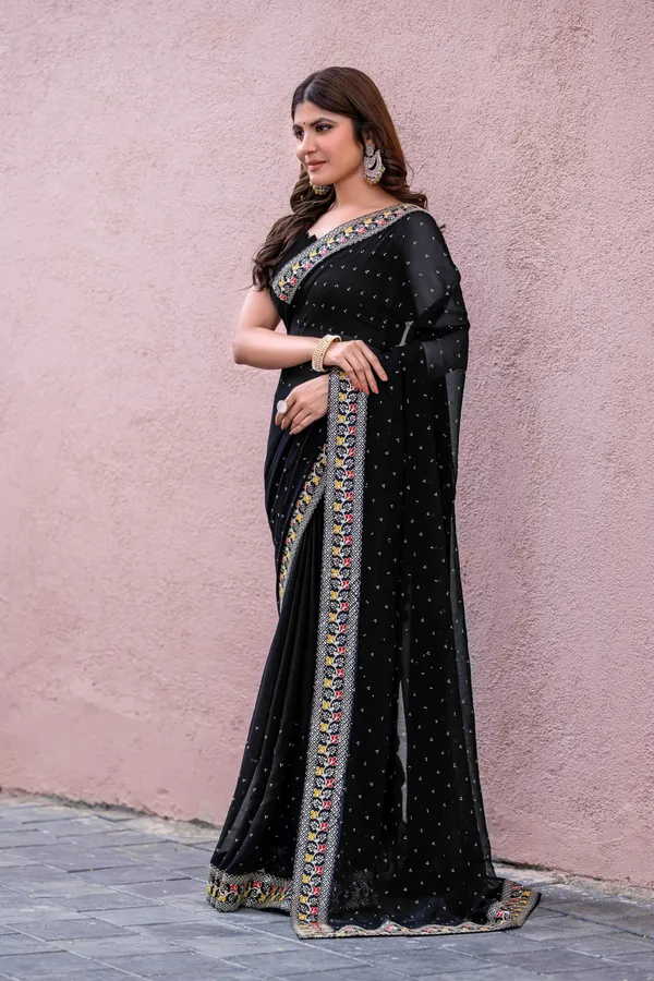 Leelavati_Striped_Embroidered_Bandhani_Georgette_Saree_Black