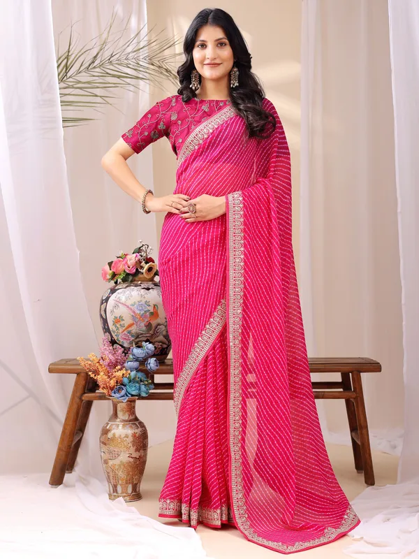 Leelavati_Striped_Embroidered_Bandhani_Georgette_Saree_Pink