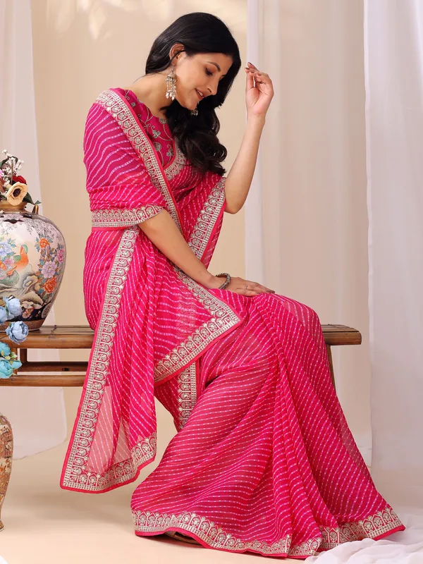 Leelavati_Striped_Embroidered_Bandhani_Georgette_Saree_Pink