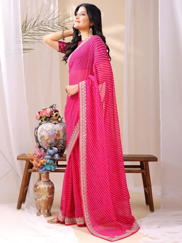 Leelavati_Striped_Embroidered_Bandhani_Georgette_Saree_Pink