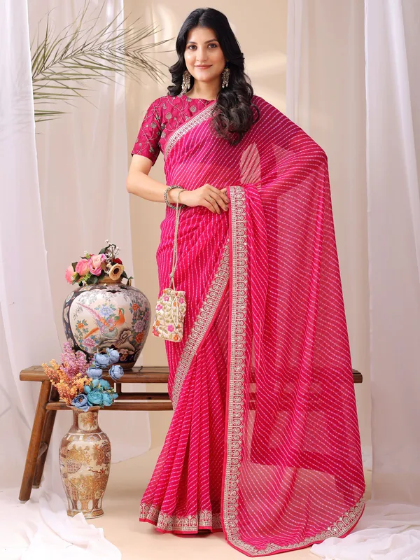 Leelavati_Striped_Embroidered_Bandhani_Georgette_Saree_Pink