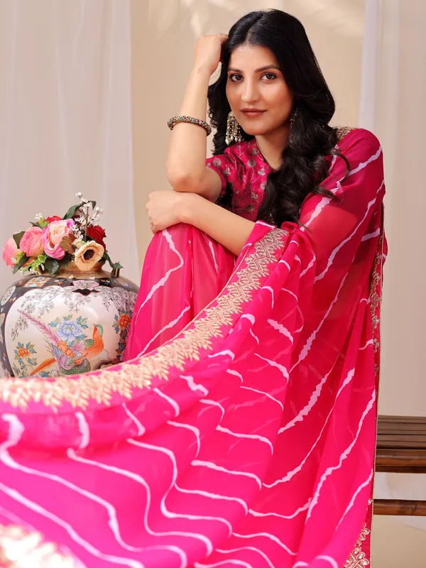 Leelavati_Striped_Embroidered_Bandhani_Georgette_Saree_Pink
