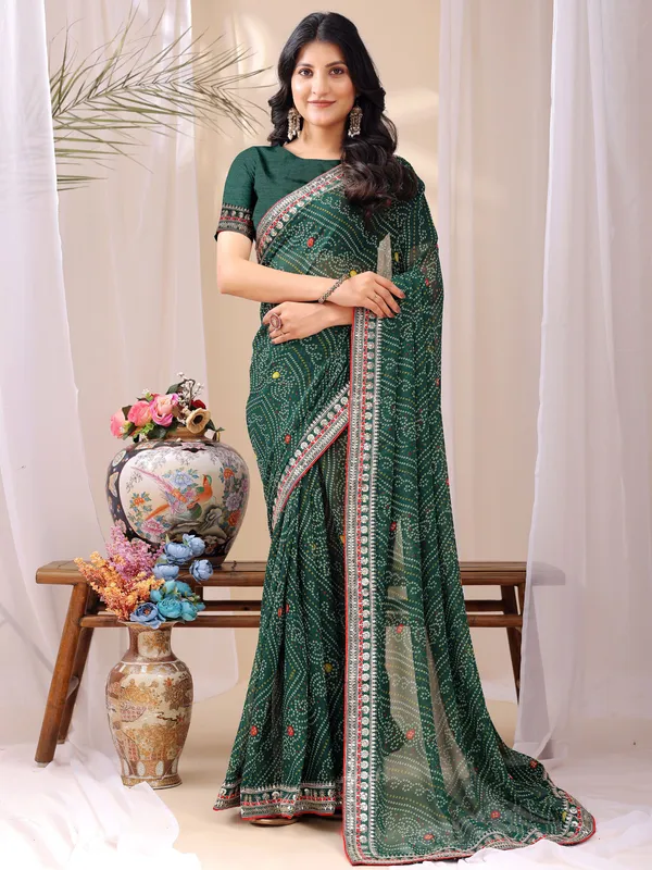 Leelavati_Striped_Embroidered_Bandhani_Georgette_Saree_Green
