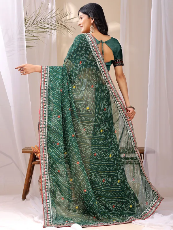 Leelavati_Striped_Embroidered_Bandhani_Georgette_Saree_Green