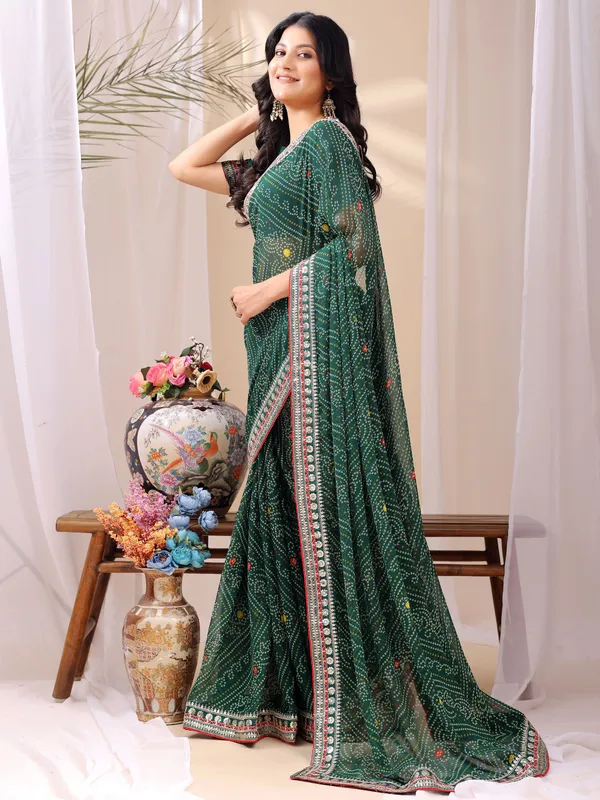 Leelavati_Striped_Embroidered_Bandhani_Georgette_Saree_Green