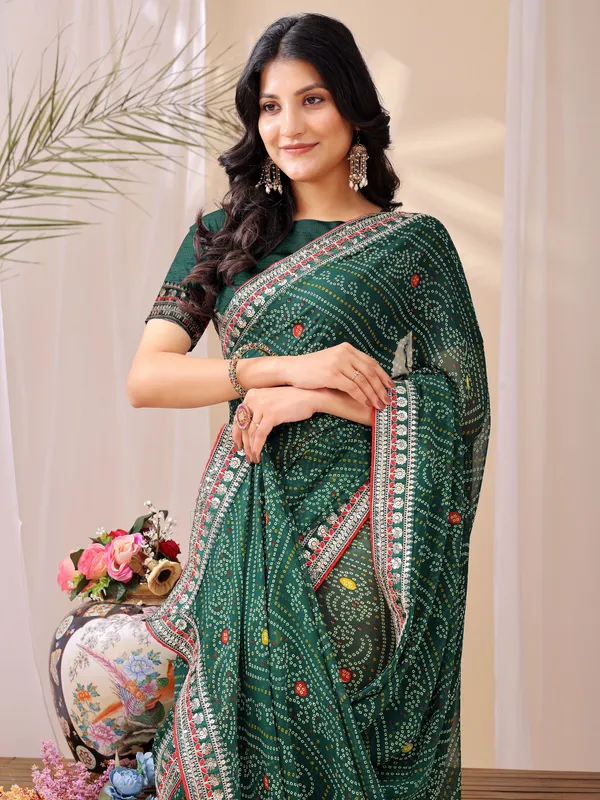 Leelavati_Striped_Embroidered_Bandhani_Georgette_Saree_Green