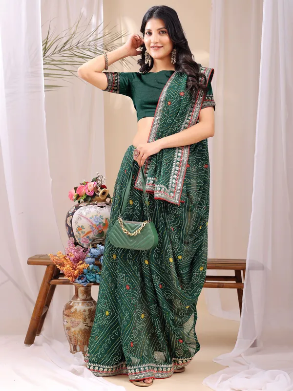 Leelavati_Striped_Embroidered_Bandhani_Georgette_Saree_Green