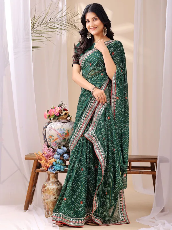 Leelavati_Striped_Embroidered_Bandhani_Georgette_Saree_Green