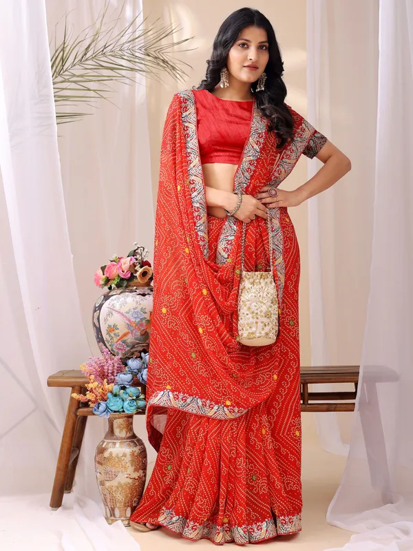 Leelavati_Striped_Embroidered_Bandhani_Georgette_Saree_Orange