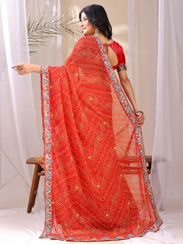 Leelavati_Striped_Embroidered_Bandhani_Georgette_Saree_Orange