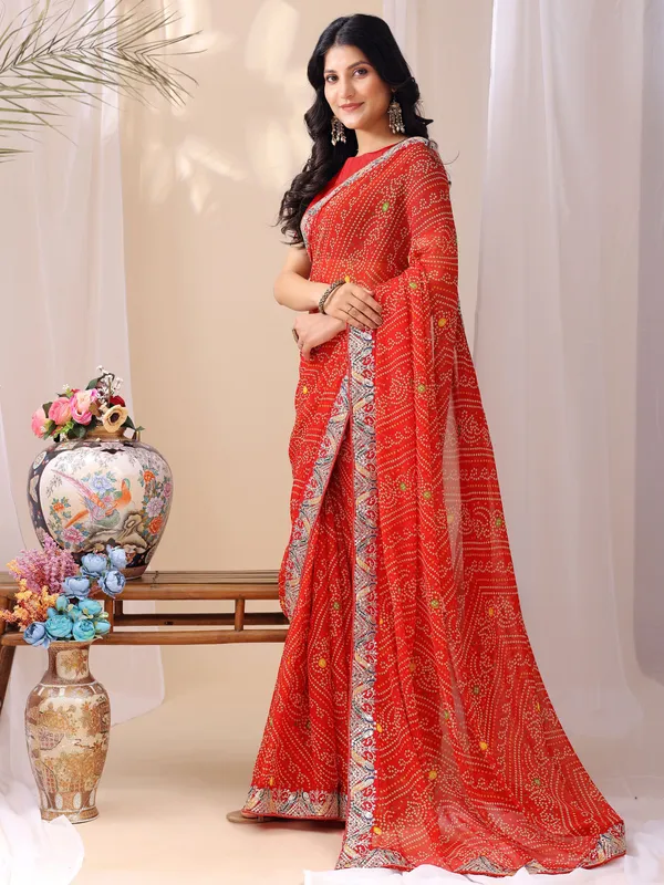 Leelavati_Striped_Embroidered_Bandhani_Georgette_Saree_Orange