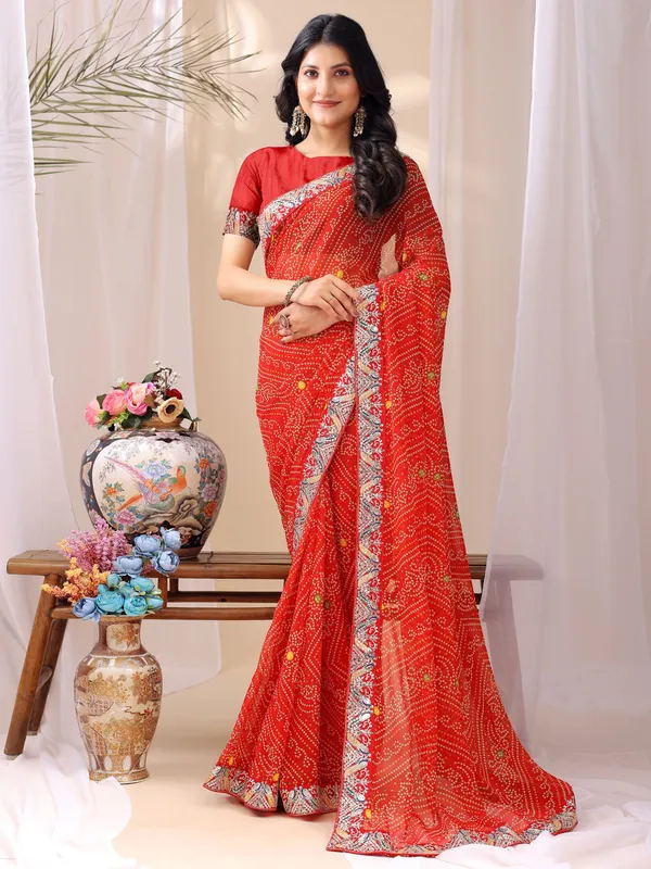 Leelavati_Striped_Embroidered_Bandhani_Georgette_Saree_Orange