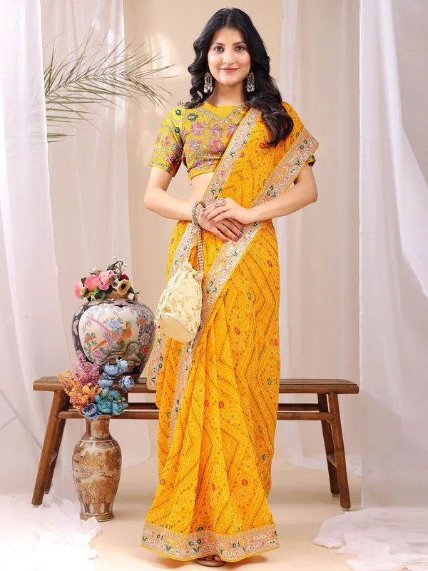 Leelavati_Embroidered_Striped_Bandhani_Georgette_Saree_Yellow