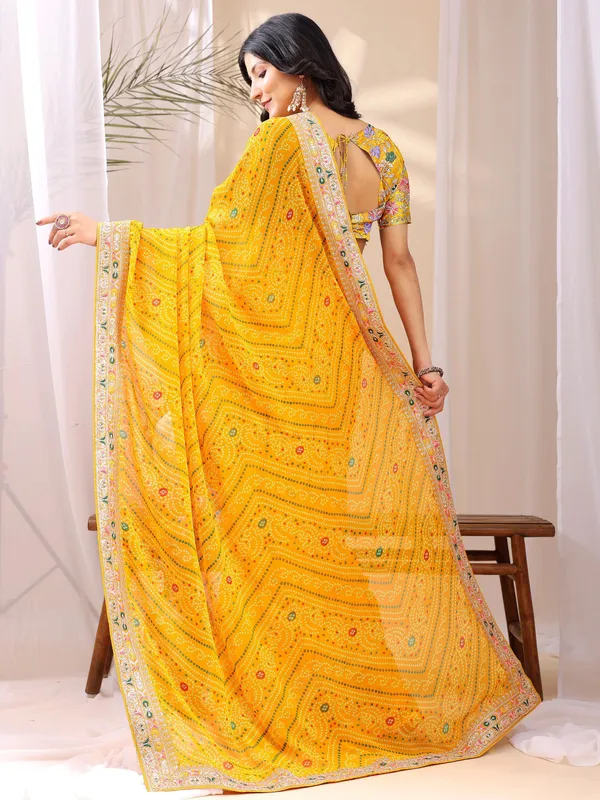 Leelavati_Embroidered_Striped_Bandhani_Georgette_Saree_Yellow
