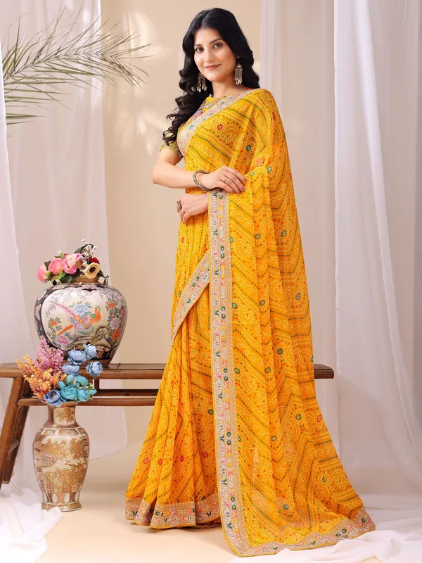Leelavati_Embroidered_Striped_Bandhani_Georgette_Saree_Yellow
