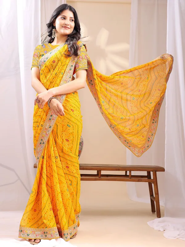 Leelavati_Embroidered_Striped_Bandhani_Georgette_Saree_Yellow