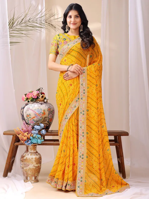 Leelavati_Embroidered_Striped_Bandhani_Georgette_Saree_Yellow