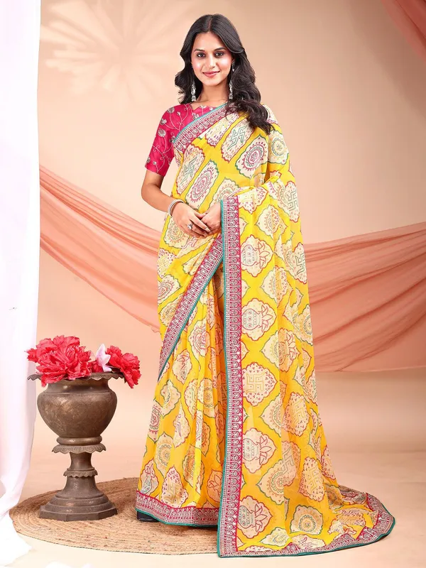 Leelavati_Striped_Embroidered_Bandhani_Georgette_Saree_Yellow_And_Pink