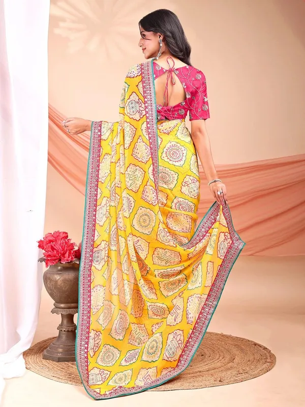 Leelavati_Striped_Embroidered_Bandhani_Georgette_Saree_Yellow_And_Pink