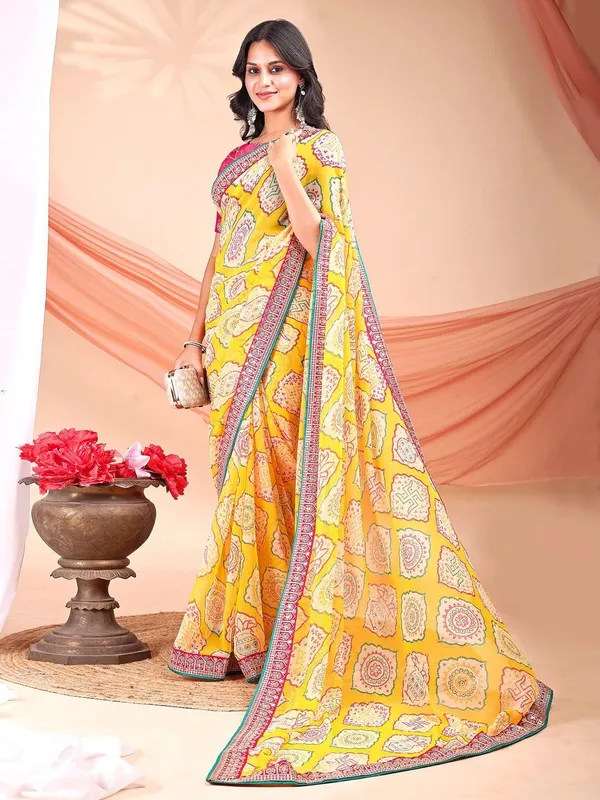 Leelavati_Striped_Embroidered_Bandhani_Georgette_Saree_Yellow_And_Pink