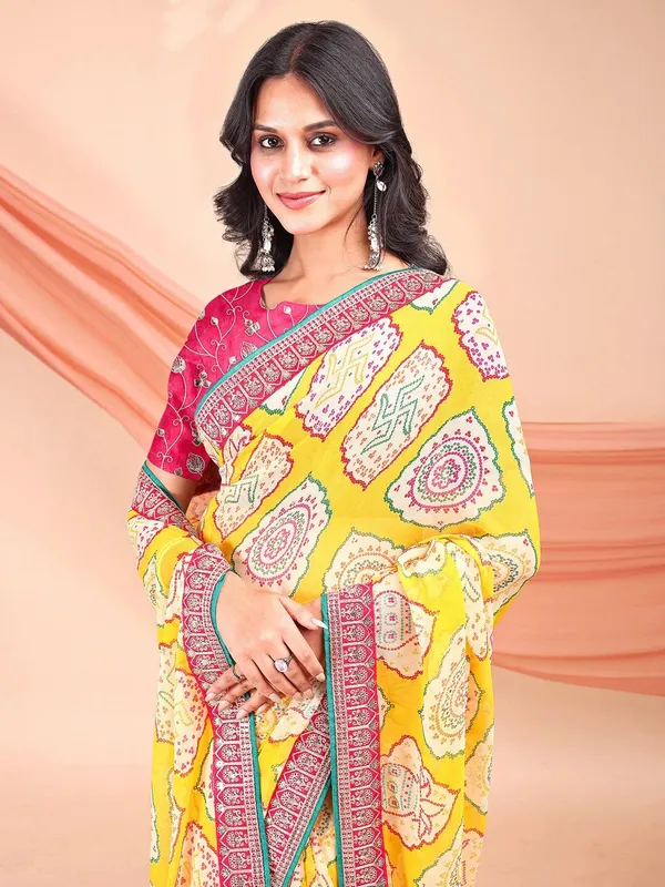 Leelavati_Striped_Embroidered_Bandhani_Georgette_Saree_Yellow_And_Pink