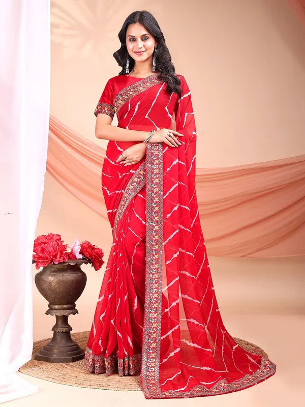 Leelavati_Striped_Embroidered_Bandhani_Georgette_Saree_Red