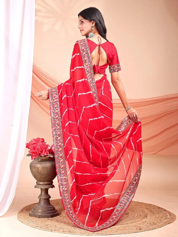 Leelavati_Striped_Embroidered_Bandhani_Georgette_Saree_Red