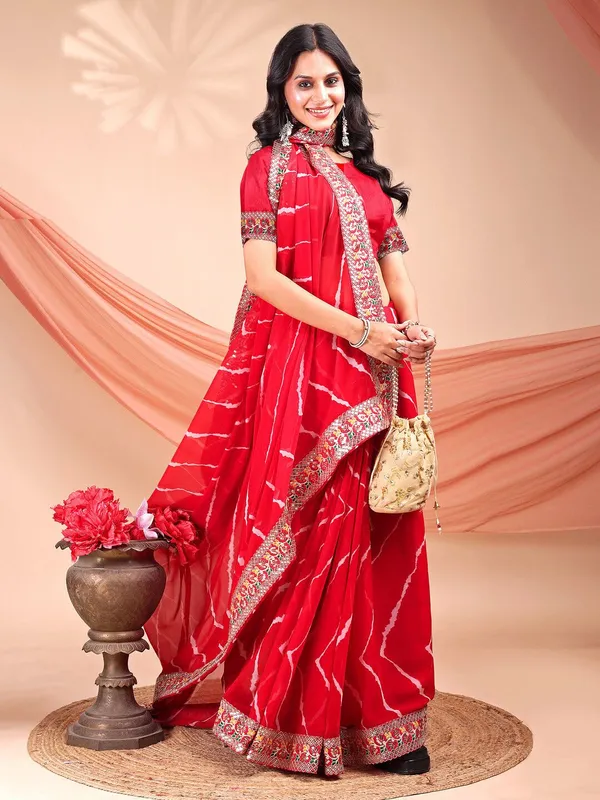 Leelavati_Striped_Embroidered_Bandhani_Georgette_Saree_Red