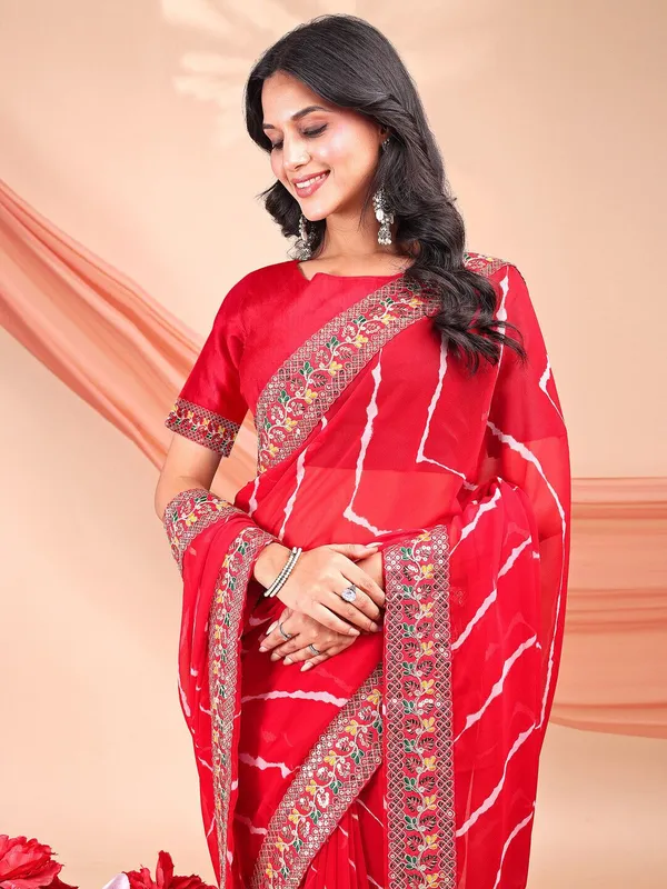 Leelavati_Striped_Embroidered_Bandhani_Georgette_Saree_Red