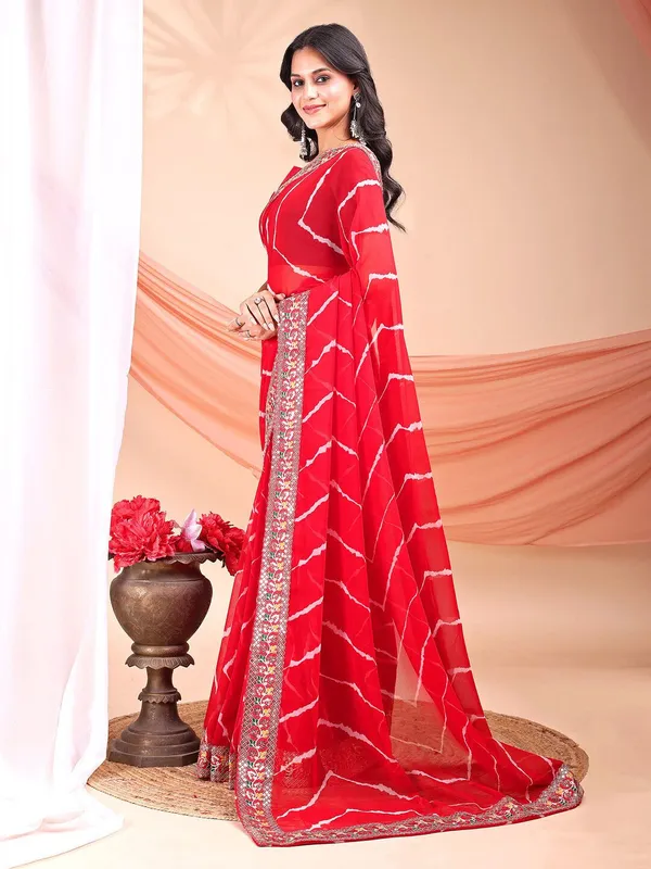 Leelavati_Striped_Embroidered_Bandhani_Georgette_Saree_Red