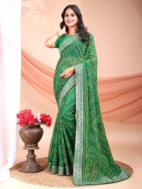 Leelavati_Striped_Embroidered_Bandhani_Georgette_Saree_Light_Green