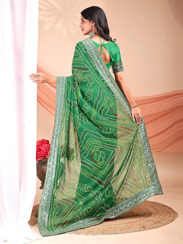 Leelavati_Striped_Embroidered_Bandhani_Georgette_Saree_Light_Green