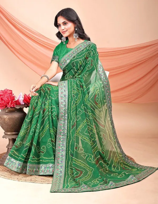 Leelavati_Striped_Embroidered_Bandhani_Georgette_Saree_Light_Green