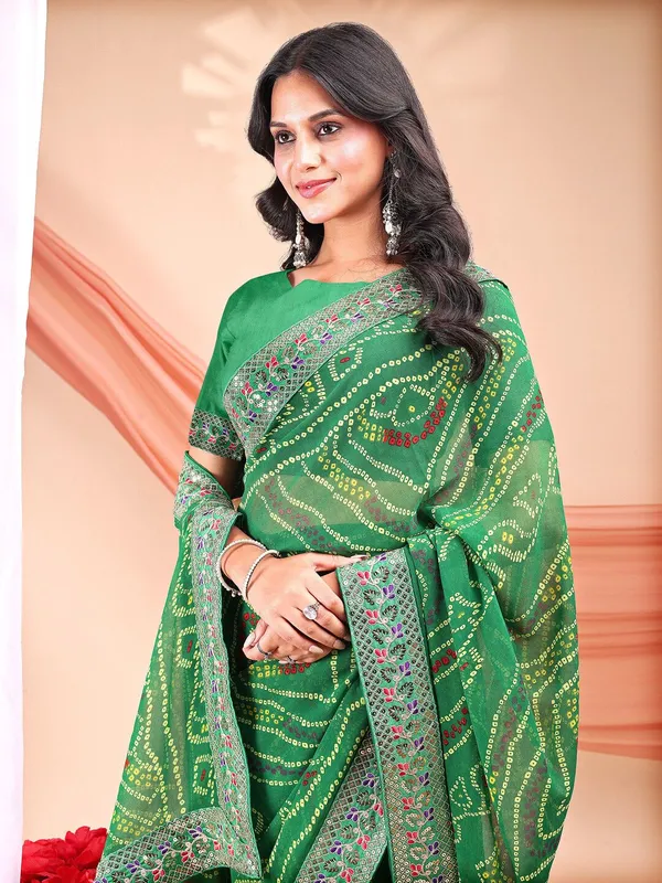 Leelavati_Striped_Embroidered_Bandhani_Georgette_Saree_Light_Green